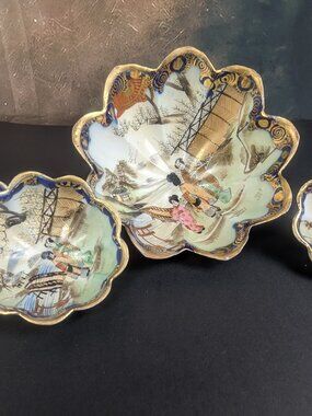 Vintage Japanese Kutani Eggshell Porcelain Tea Set - Hand Painted Gold Moriage -